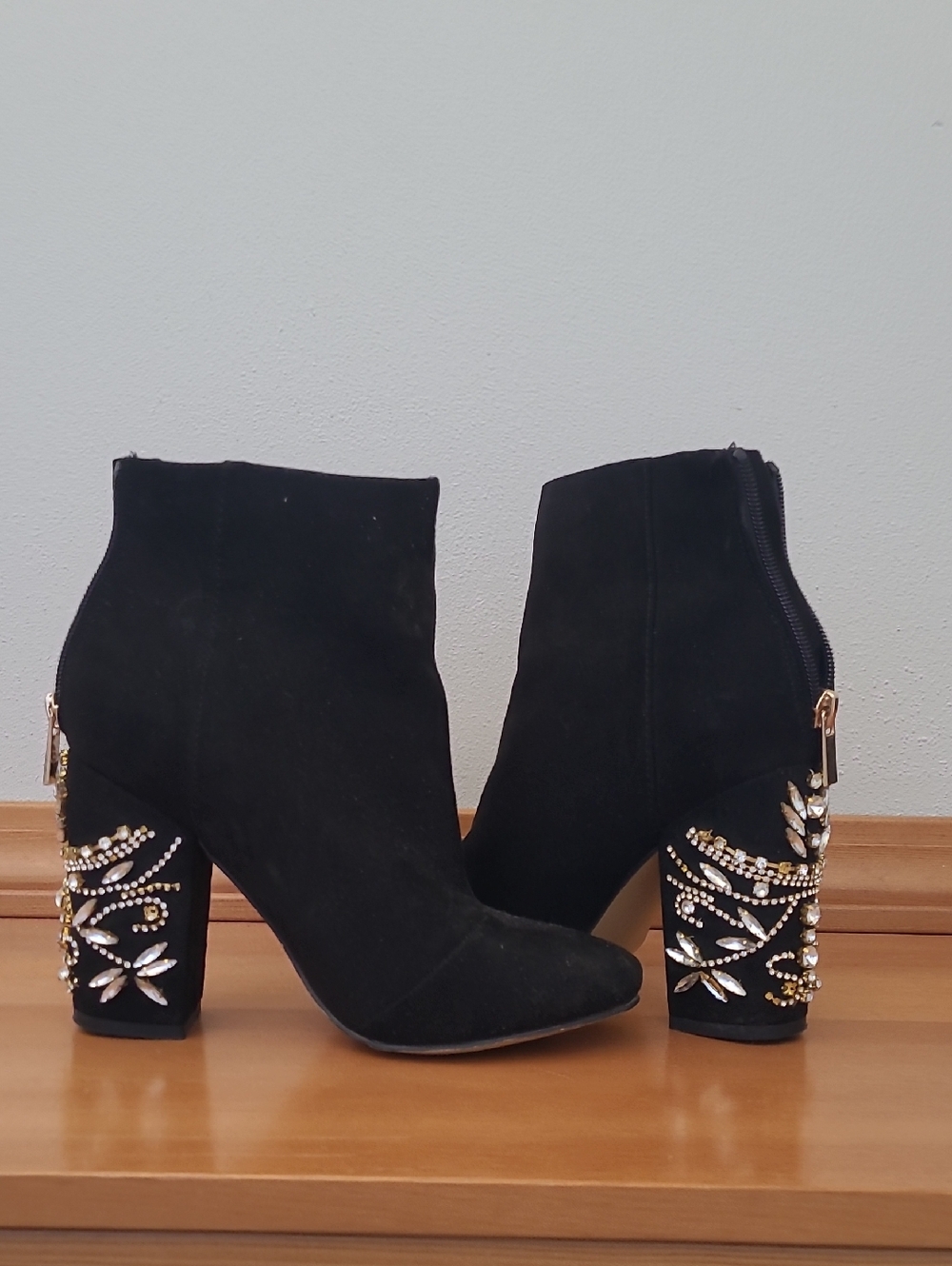 Embellished Black Suede Ankle Boots with Crystal Block Heel